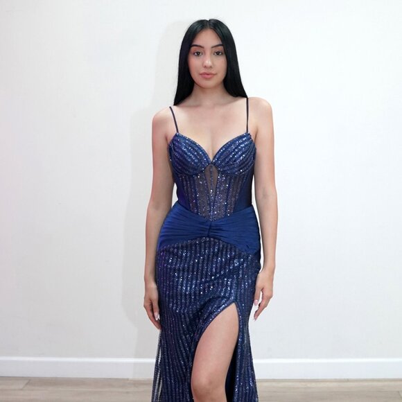 New Sheath Sequins Embellished Long Evening Dress w/ Pleated Details JT2726H - Picture 1 of 8